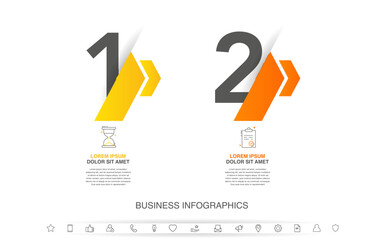 Vector timeline infographics with two steps, icons, flowchart, workflow and process infographic. Illustration template with arrows.