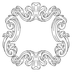Decorative floral frame in baroque style. Engraved black curling plant.