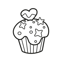 Beautiful cute yummy muffin for Valentine's day. Сupcake line icon. Confectionery
Coloring page delicious cupcake with hearts and stars. Black cupcake vector illustration on isolated white background
