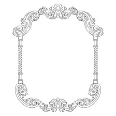 Decorative floral frame in baroque style. Engraved black curling plant. - obrazy, fototapety, plakaty