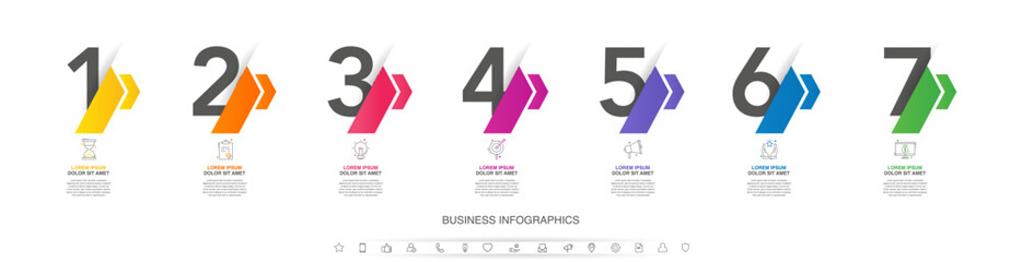 Vector timeline infographics with 7 steps, icons, flowchart, workflow and process infographic. Illustration template with arrows.