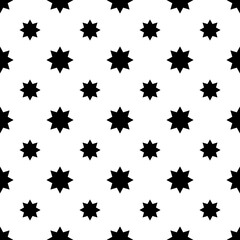 Christmas seamless pattern. Black stars on a white backdrop. Simple retro geometric vector background for printing, fabric, paper for scrapbooking, gift wrappings, texture, decoration, and web.