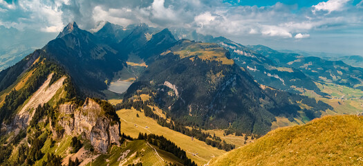 High resolution stitched panorama at the famous Hoher Kasten summit, Bruelisau, Appenzell,...