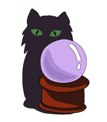 Black cat shadow with green eyes and a lilac divination ball. Vector illustration on a white background