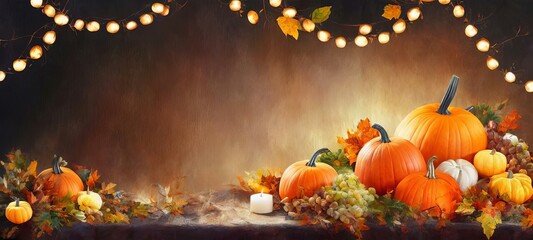 Autumn Pumpkins And Fall Leaves On A Table, Spectacular Thanksgiving View Abstract Wallpaper Background. Presentation Templates Used As Texture Background Wallpaper.