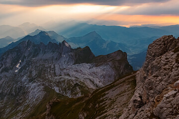 Fototapeta na wymiar Beautiful alpine summer sunset at the famous Saentis summit, Schwaegalp, Appenzell, Alpstein, Switzerland