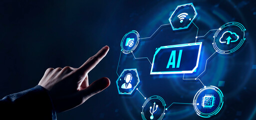 Internet, business, Technology and network concept. AI Learning and Artificial Intelligence Concept. Virtual button.