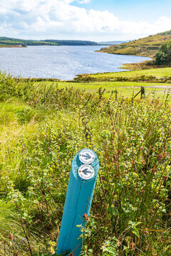 Waymarks for the Kintyre Way at the northern end of Lussa Loch on the Kintyre Peninsula, Argyll & Bute, Scotland UK