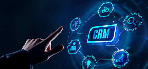 Internet, business, Technology and network concept.CRM Customer Relationship Management. Virtual button.