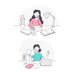 Smiling Schoolgirl Doing Homework Sitting at Desk Studying with Book and Copybook Vector Set