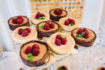 Tartlets pastries with cream, topped with raspberry fruits. Dessert ganache lemon tartlet. Traditional french sweet pastry tart.