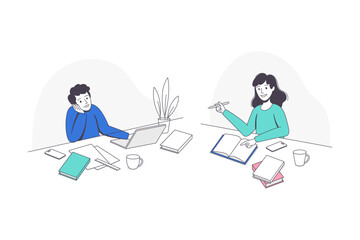 Teen Boy and Girl Doing Homework Sitting at Desk Studying with Book and Copybook Vector Set