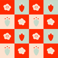 Abstract flowers vector pattern. Red, pink square botanical wallpaper. Retro style pattern. Vintage fabric textile design.