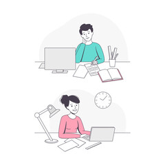 Teen Boy and Girl Doing Homework Sitting at Desk Studying with Book and Copybook Vector Set
