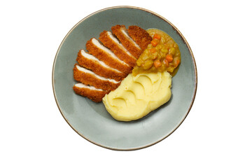 Fried chicken breast and mashed potatoes in a plate. transparent. View from above.