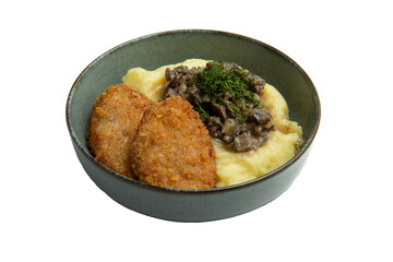 Chicken cutlets and mashed potatoes in a plate. transparent. 
