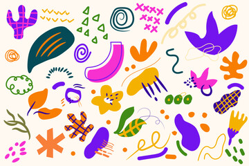 
bundle Minimalist abstract nature art shapes collection. Pastel color doodle bundle for fashion design, summer season or natural concept. Modern hand drawn plant leaf and tropical shape decoration se