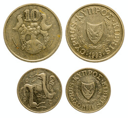 Naklejka premium 10 cents 1993 and 2 cents 1994. Cyprus brass coins