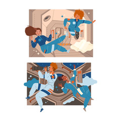 Man and Woman Astronaut Character in Outer Space in Spacesuit Flying on Space Shuttle Vector Set
