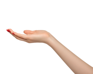 Female hand palm up,  well-groomed short nails with red nail polish