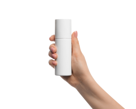 Aerosol container in a female hand on a white background