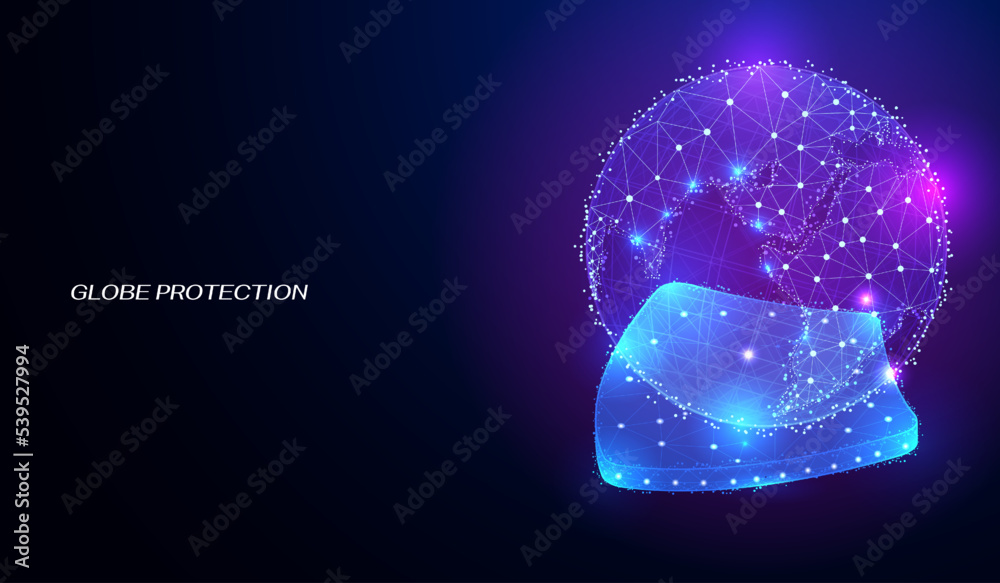 Poster Cyber globe security low poly network on cyber space concept. Earth shield icon wireframe privacy data information vector.