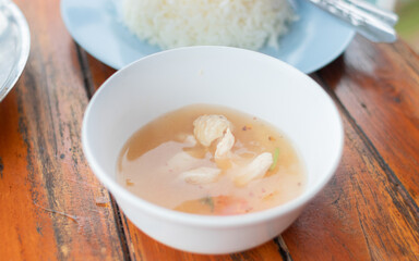 tom yum pork hot pot in a bowl, thai food, asian food, small cup for sharing