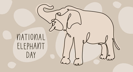 A postcard, a banner for the Elephant Day holiday. Linear drawing of an elephant with the inscription World Elephant Day. Printing on paper and textiles.