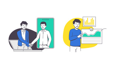 Online Conference with Man Talking Via Internet Platform Outline Vector Set