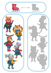 Activity page, sheet for kids. Task find the silhouette. A game for the development of a child's thinking. A training exercise with forest animals skaters.Winter puzzle for preschooler