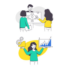 Online Conference with Man and Woman Talking Via Internet Platform Outline Vector Set