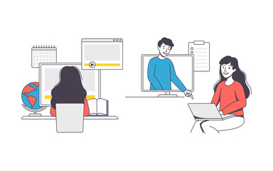 Online Learning with Woman Student Engaged in Virtual Classes Outline Vector Set