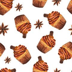 Watercolor cupcakes seamless pattern. Christmas sweet buns and anise stars isolated on white background. Hand drawn  illustration of pastry.