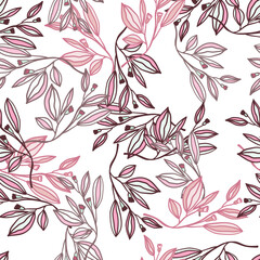 Romantic leaves and flower seamless pattern. Vintage style floral wallpaper. Cute plants endless backdrop