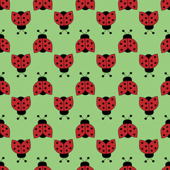 seamless repeat pattern with cute little red ladybugs running horizontally on a green background perfect for fabric, scrap booking, wallpaper, gift wrap projects

