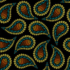 Seamless paisley background.Colorful leafs on black background.
