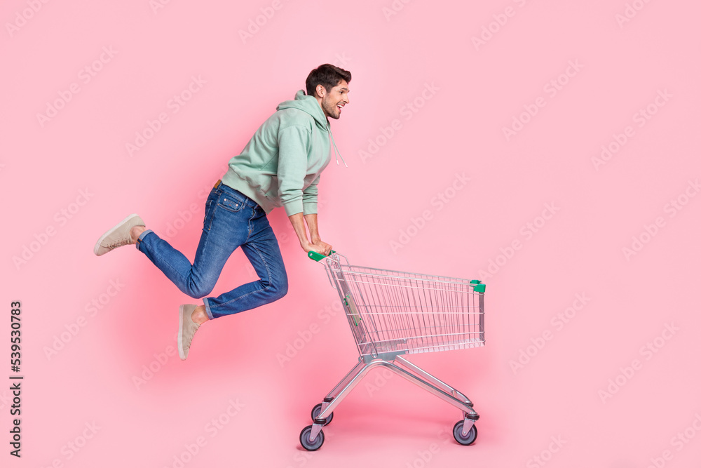 Poster full length profile side photo of active stylish client look go empty space hurry market low price o