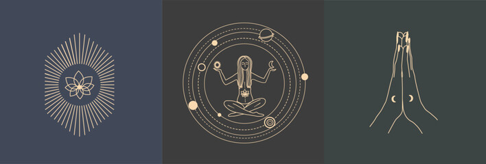 Set of linear vector illustrations. Hand drawn illustrations depicting woman, hands, planet. decoration in modern style. magical drawings. Woman in the lotus position.