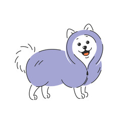 Dog in winter clothes. Trendy cute pet in jacket and hat. Vector illustration isolated on white background