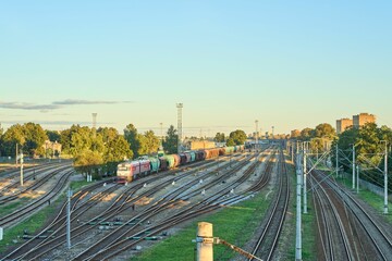 Aerial view of a Railway junction during sunset in Riga, Latvia