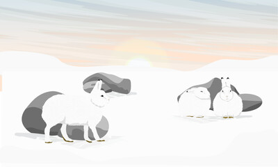 A group of white polar hares hides from the cold winter wind behind rocks and snowdrifts. Wild animal of the Arctic tundra. Realistic vector landscape
