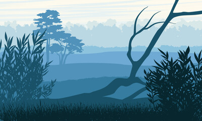 Meadow silhouette. Field with trees and bushes in blue. Vector landscape