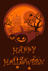 Halloween night background, pumpkins and dark castle. Halloween orange poster.