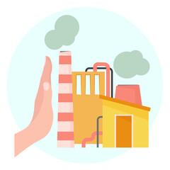 A hand and a factory with chimney exhausts as a symbol against environmental pollution