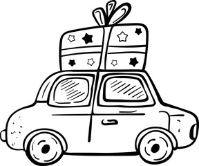 Car with Gift Vector Doodle Illustration