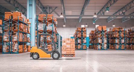 forklift with pallets inside a warehouse. © tiero