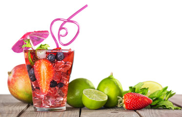 Delicious juice with fresh berries in glass on white background