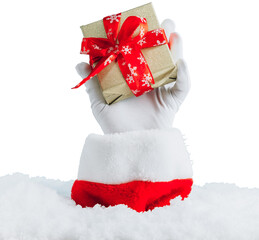 Santa's hand sticking out of a snowdrift. Santa Claus gloved hands holding gift box isolated....