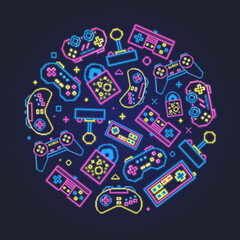 Vector. Neon pixel retro gamepads. Round illustration.