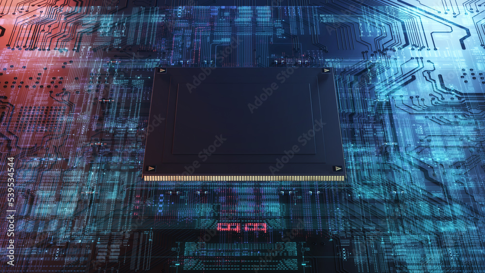 Aufkleber High Technology CPU on a Complex Circuit Microchip Board Surface. Digital close-up of a high-tech microchip and electronic circuits, symbolizing innovation and modern technology. 3d rendering
